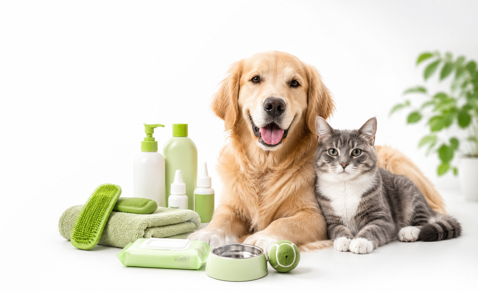 Golden Retriever and Tabby Cat Pet Care Scene